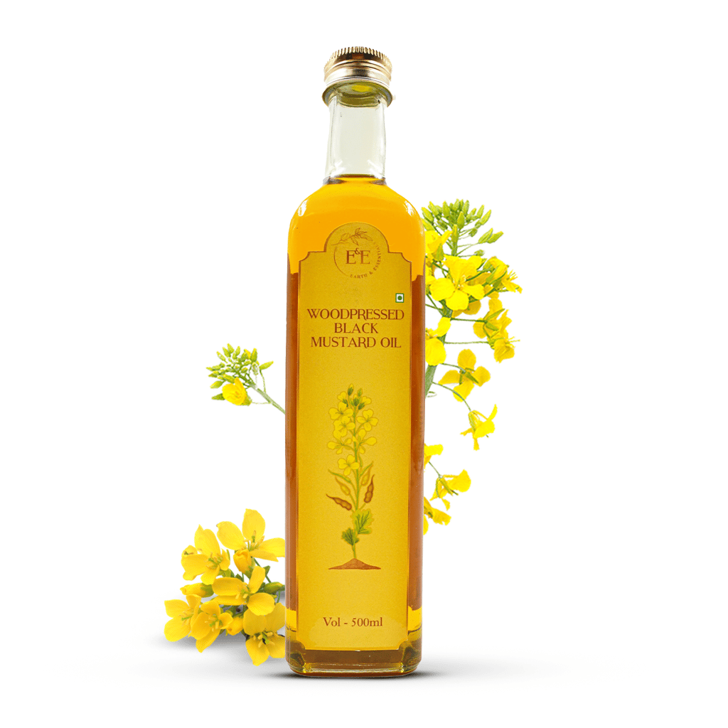Earth and Essentials Woodpressed Black Mustard Oil (500ml) | Kachi Ghani Sarson Tel | 100% Pure & Unrefined | High Pungency | Rich in Healthy Fats & Antioxidants | Indian Cooking | Glass Bottle