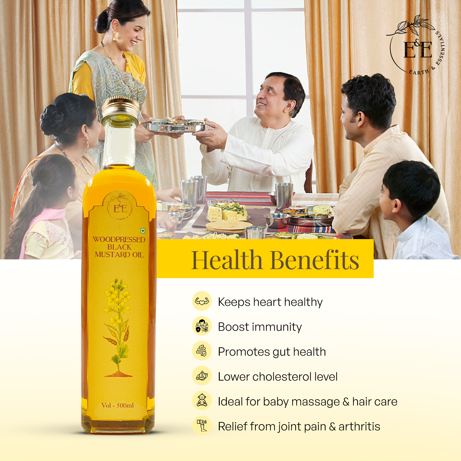 Earth and Essentials Woodpressed Black Mustard Oil (500ml) | Kachi Ghani Sarson Tel | 100% Pure & Unrefined | High Pungency | Rich in Healthy Fats & Antioxidants | Indian Cooking | Glass Bottle