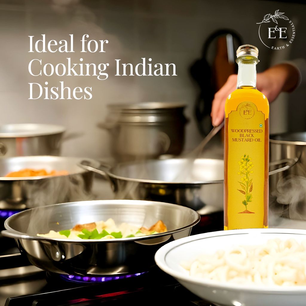 Earth and Essentials Woodpressed Black Mustard Oil (500ml) | Kachi Ghani Sarson Tel | 100% Pure & Unrefined | High Pungency | Rich in Healthy Fats & Antioxidants | Indian Cooking | Glass Bottle