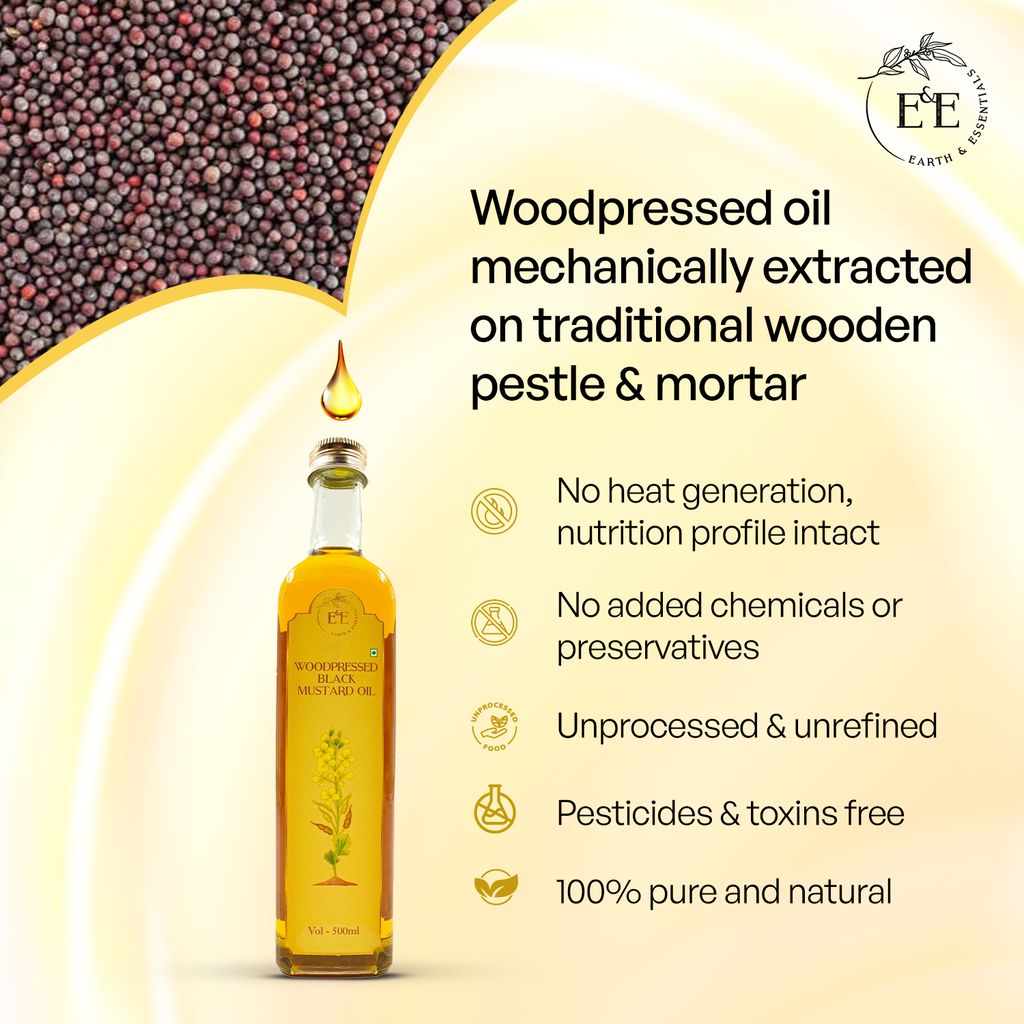 Earth and Essentials Woodpressed Black Mustard Oil (500ml) | Kachi Ghani Sarson Tel | 100% Pure & Unrefined | High Pungency | Rich in Healthy Fats & Antioxidants | Indian Cooking | Glass Bottle
