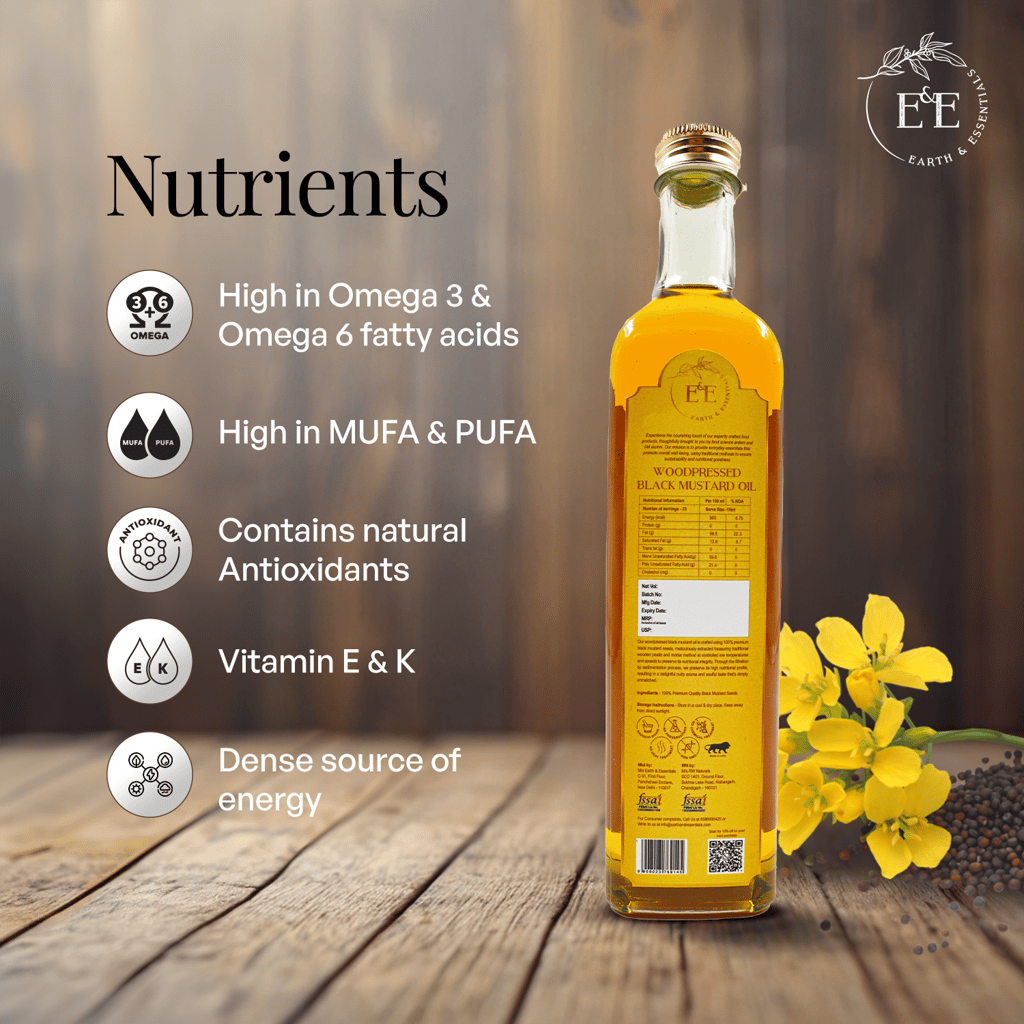 Earth and Essentials Woodpressed Black Mustard Oil (500ml) | Kachi Ghani Sarson Tel | 100% Pure & Unrefined | High Pungency | Rich in Healthy Fats & Antioxidants | Indian Cooking | Glass Bottle