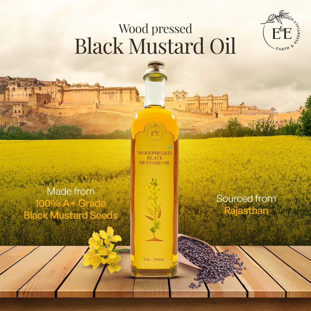 Earth and Essentials Woodpressed Black Mustard Oil (500ml) | Kachi Ghani Sarson Tel | 100% Pure & Unrefined | High Pungency | Rich in Healthy Fats & Antioxidants | Indian Cooking | Glass Bottle