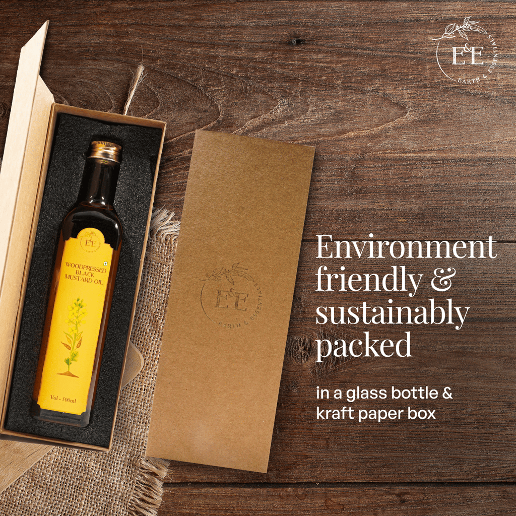 Earth and Essentials Woodpressed Black Mustard Oil (500ml) | Kachi Ghani Sarson Tel | 100% Pure & Unrefined | High Pungency | Rich in Healthy Fats & Antioxidants | Indian Cooking | Glass Bottle