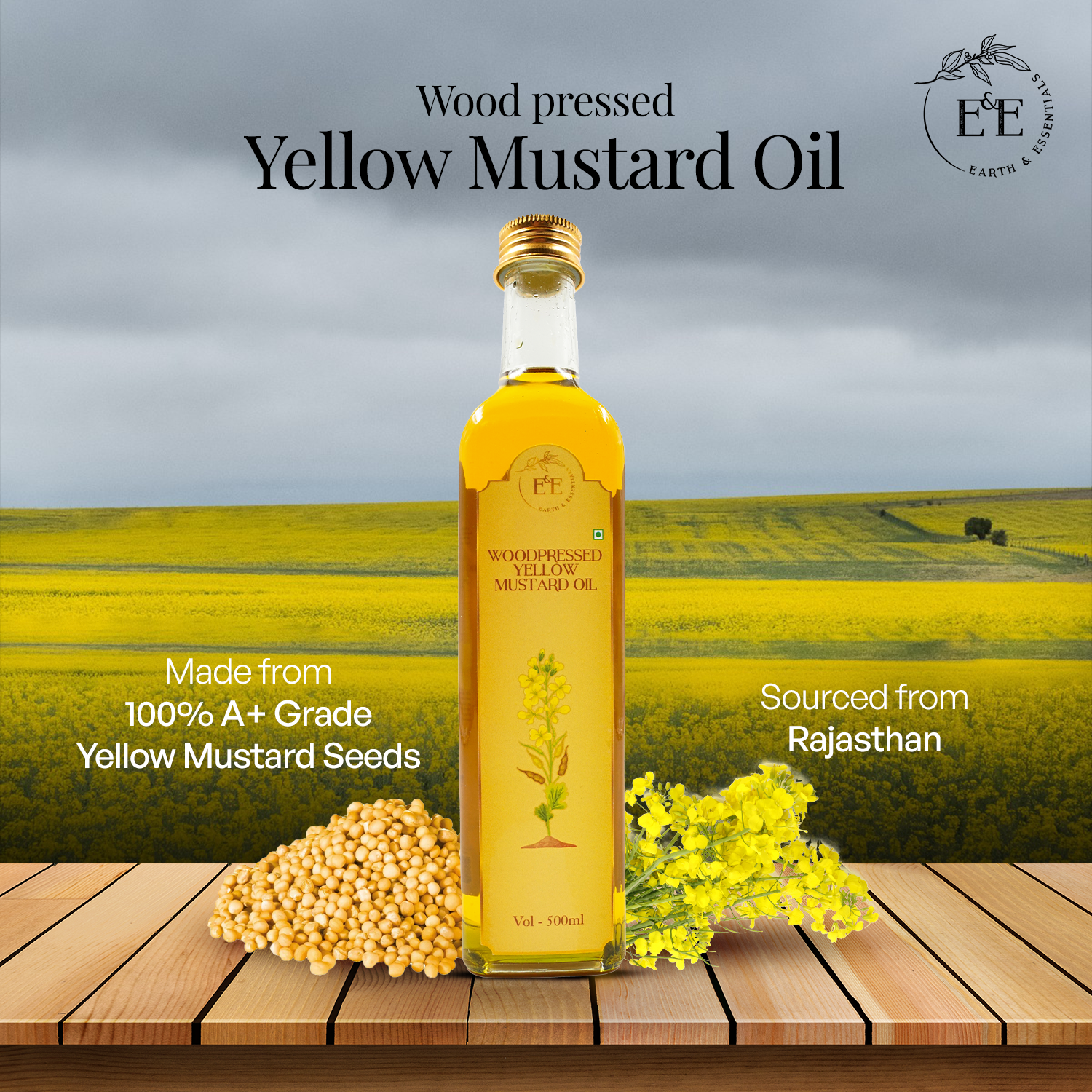 Earth and Essentials Woodpressed Yellow Mustard Oil (500ml) | Kachi Ghani Sarson Tel | 100% Pure & Unrefined | Low Pungency | Rich in Healthy Fats & Antioxidants | Indian Cooking | Glass Bottle