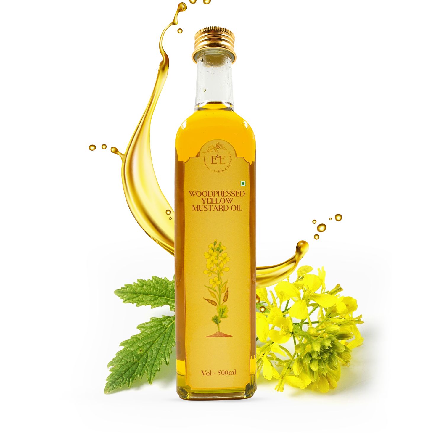 Earth and Essentials Woodpressed Yellow Mustard Oil (500ml) | Kachi Ghani Sarson Tel | 100% Pure & Unrefined | Low Pungency | Rich in Healthy Fats & Antioxidants | Indian Cooking | Glass Bottle