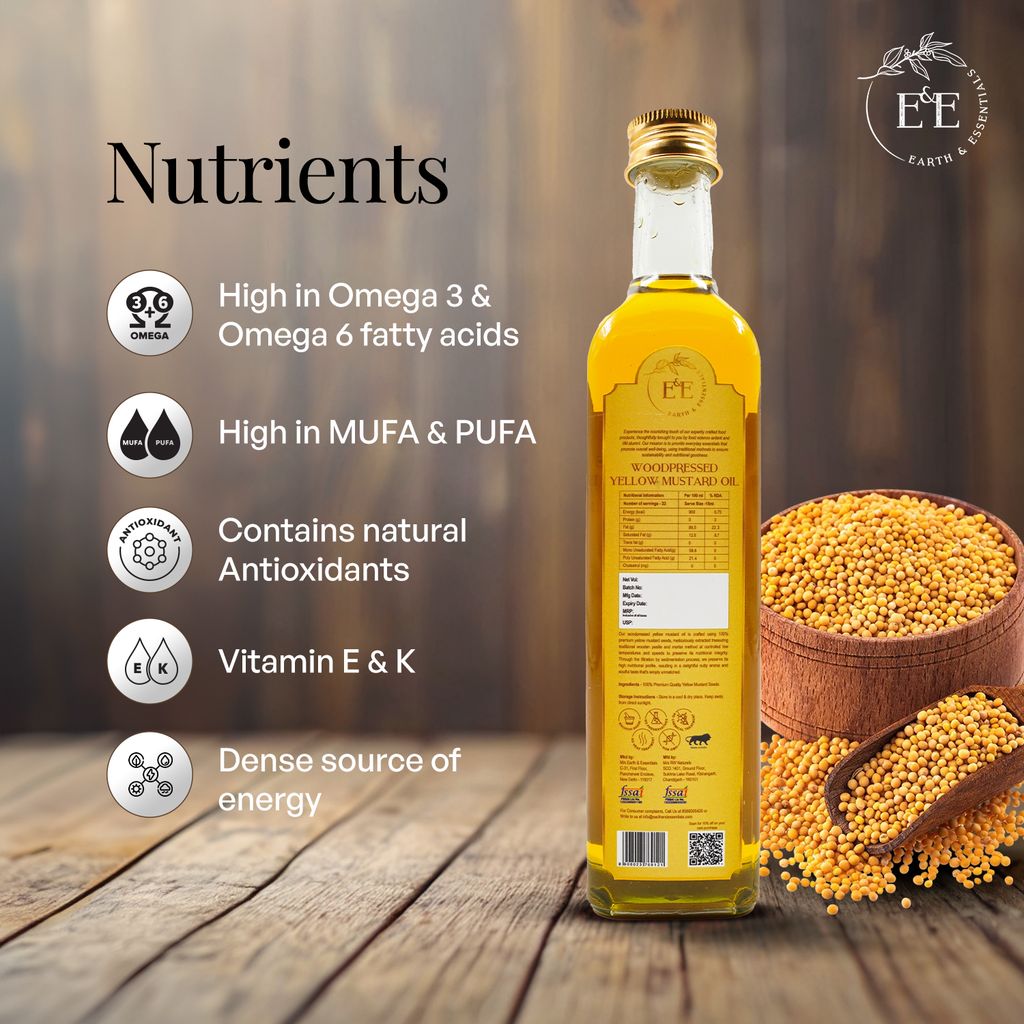 Earth and Essentials Woodpressed Yellow Mustard Oil (500ml) | Kachi Ghani Sarson Tel | 100% Pure & Unrefined | Low Pungency | Rich in Healthy Fats & Antioxidants | Indian Cooking | Glass Bottle