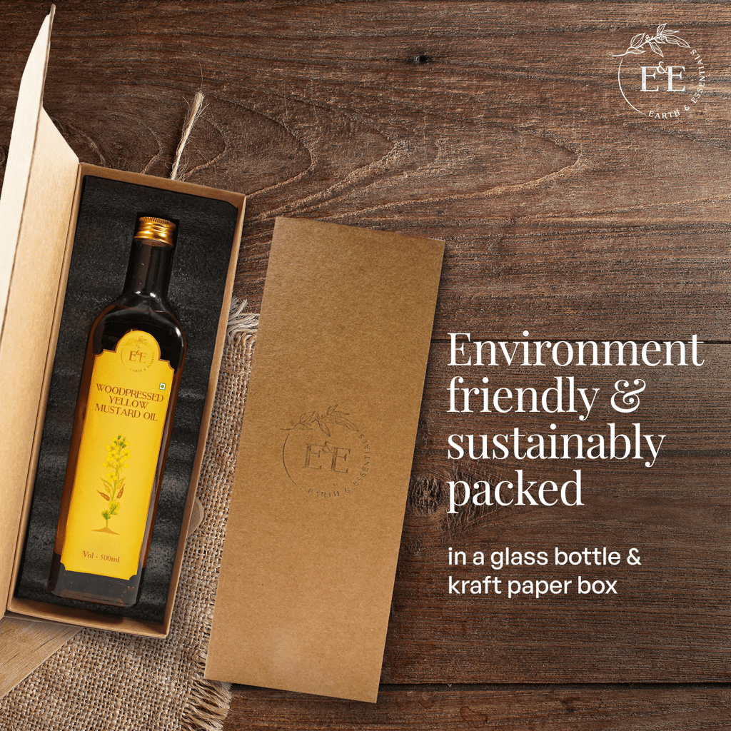 Earth and Essentials Woodpressed Yellow Mustard Oil (500ml) | Kachi Ghani Sarson Tel | 100% Pure & Unrefined | Low Pungency | Rich in Healthy Fats & Antioxidants | Indian Cooking | Glass Bottle