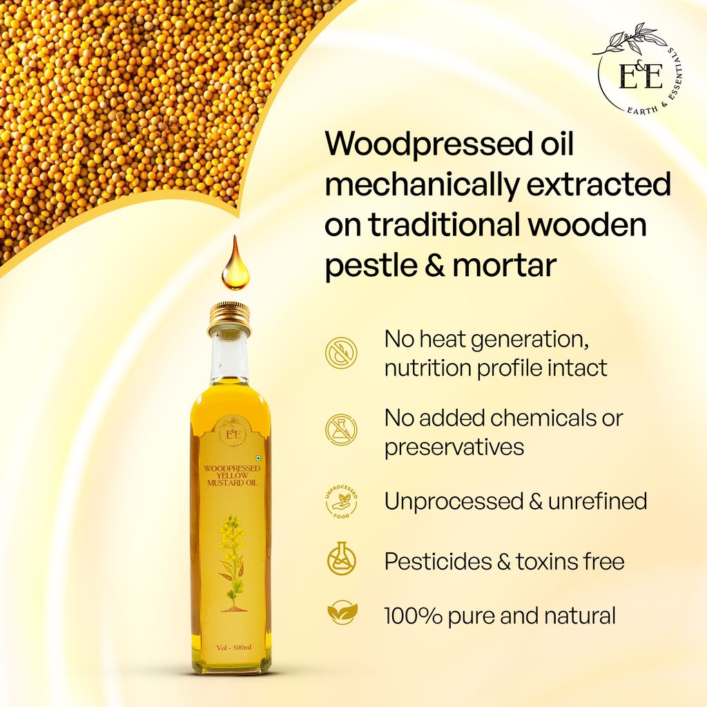 Earth and Essentials Woodpressed Yellow Mustard Oil (500ml) | Kachi Ghani Sarson Tel | 100% Pure & Unrefined | Low Pungency | Rich in Healthy Fats & Antioxidants | Indian Cooking | Glass Bottle