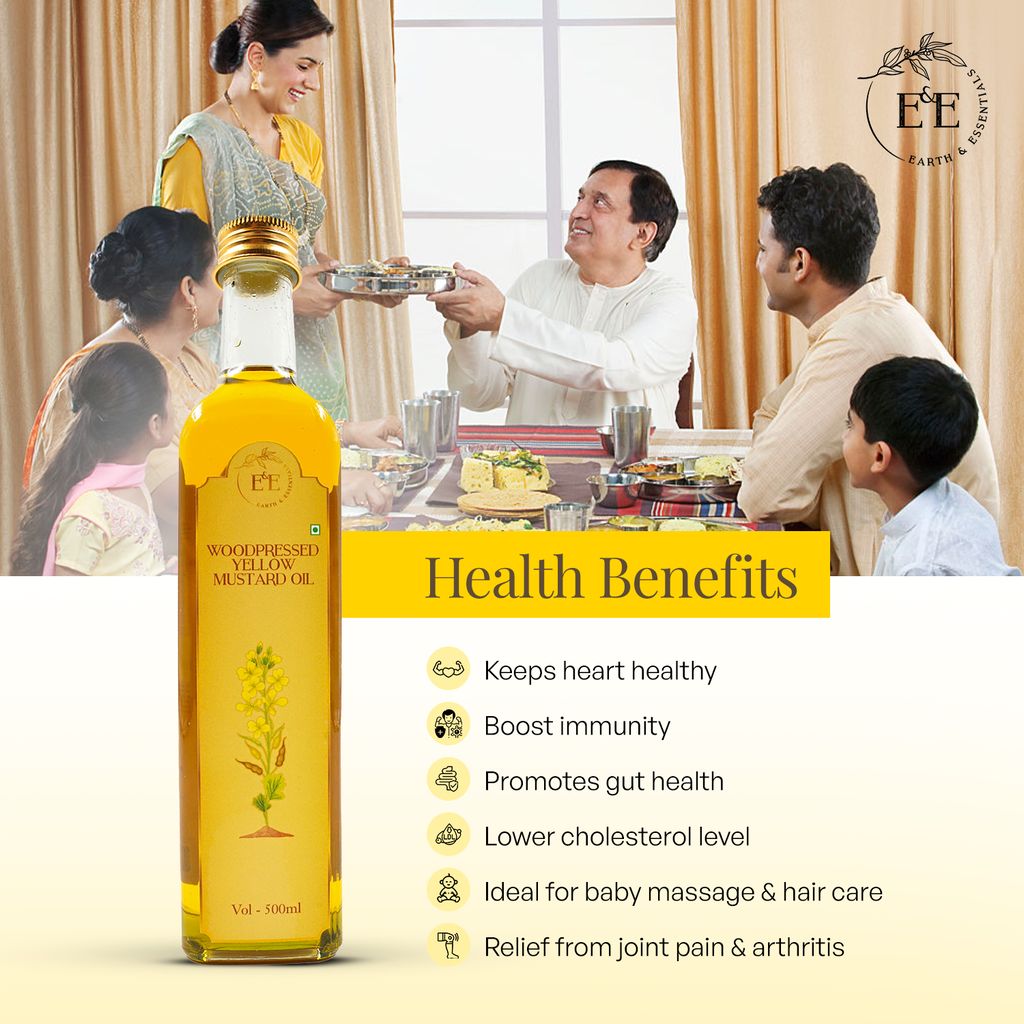 Earth and Essentials Woodpressed Yellow Mustard Oil (500ml) | Kachi Ghani Sarson Tel | 100% Pure & Unrefined | Low Pungency | Rich in Healthy Fats & Antioxidants | Indian Cooking | Glass Bottle