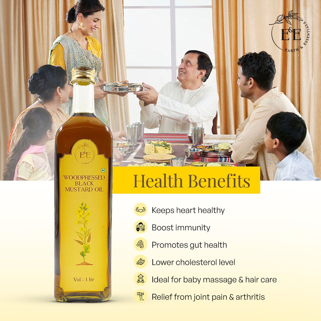 Earth and Essentials Woodpressed Black Mustard Oil (1000ml) | Kachi Ghani Sarson Tel | 100% Pure & Unrefined | High Pungency | Rich in Healthy Fats & Antioxidants | Indian Cooking | Glass Bottle