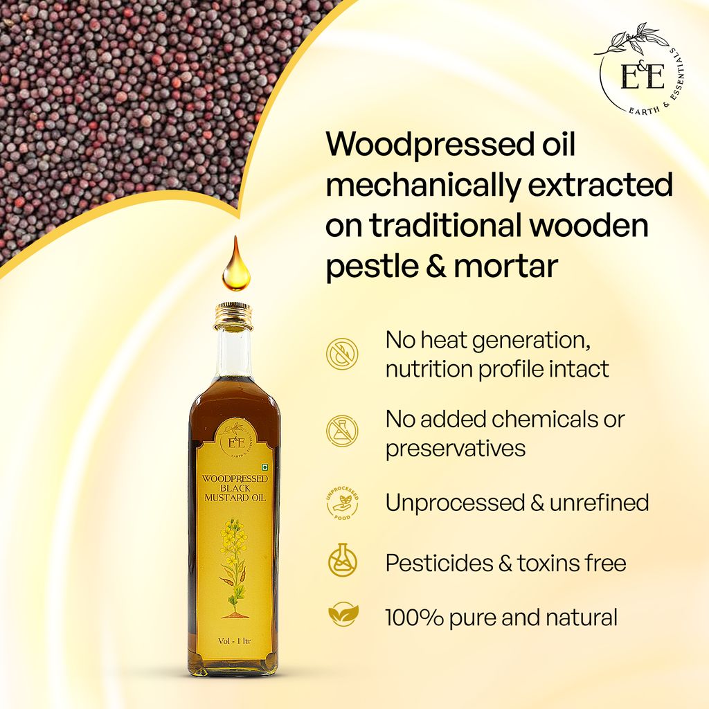 Earth and Essentials Woodpressed Black Mustard Oil (1000ml) | Kachi Ghani Sarson Tel | 100% Pure & Unrefined | High Pungency | Rich in Healthy Fats & Antioxidants | Indian Cooking | Glass Bottle