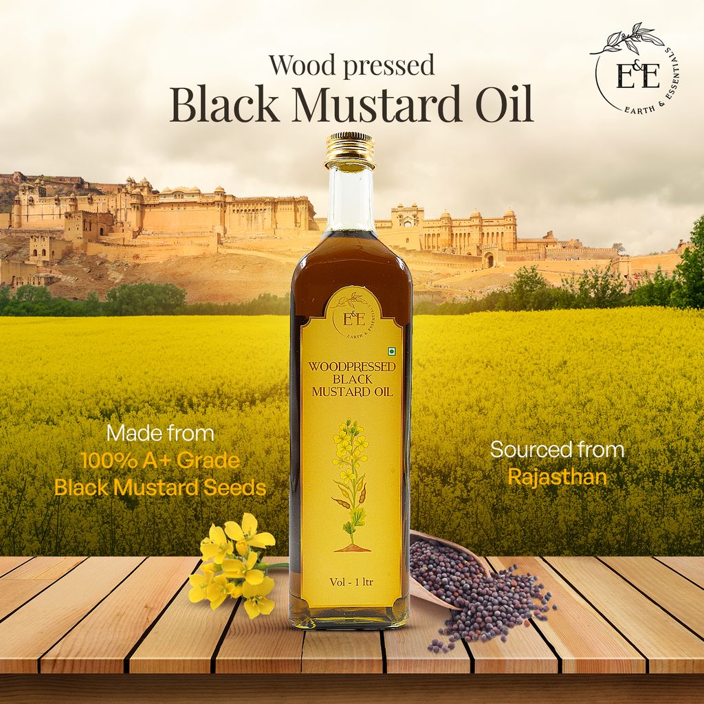 Earth and Essentials Woodpressed Black Mustard Oil (1000ml) | Kachi Ghani Sarson Tel | 100% Pure & Unrefined | High Pungency | Rich in Healthy Fats & Antioxidants | Indian Cooking | Glass Bottle