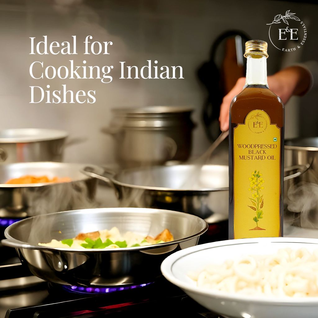 Earth and Essentials Woodpressed Black Mustard Oil (1000ml) | Kachi Ghani Sarson Tel | 100% Pure & Unrefined | High Pungency | Rich in Healthy Fats & Antioxidants | Indian Cooking | Glass Bottle