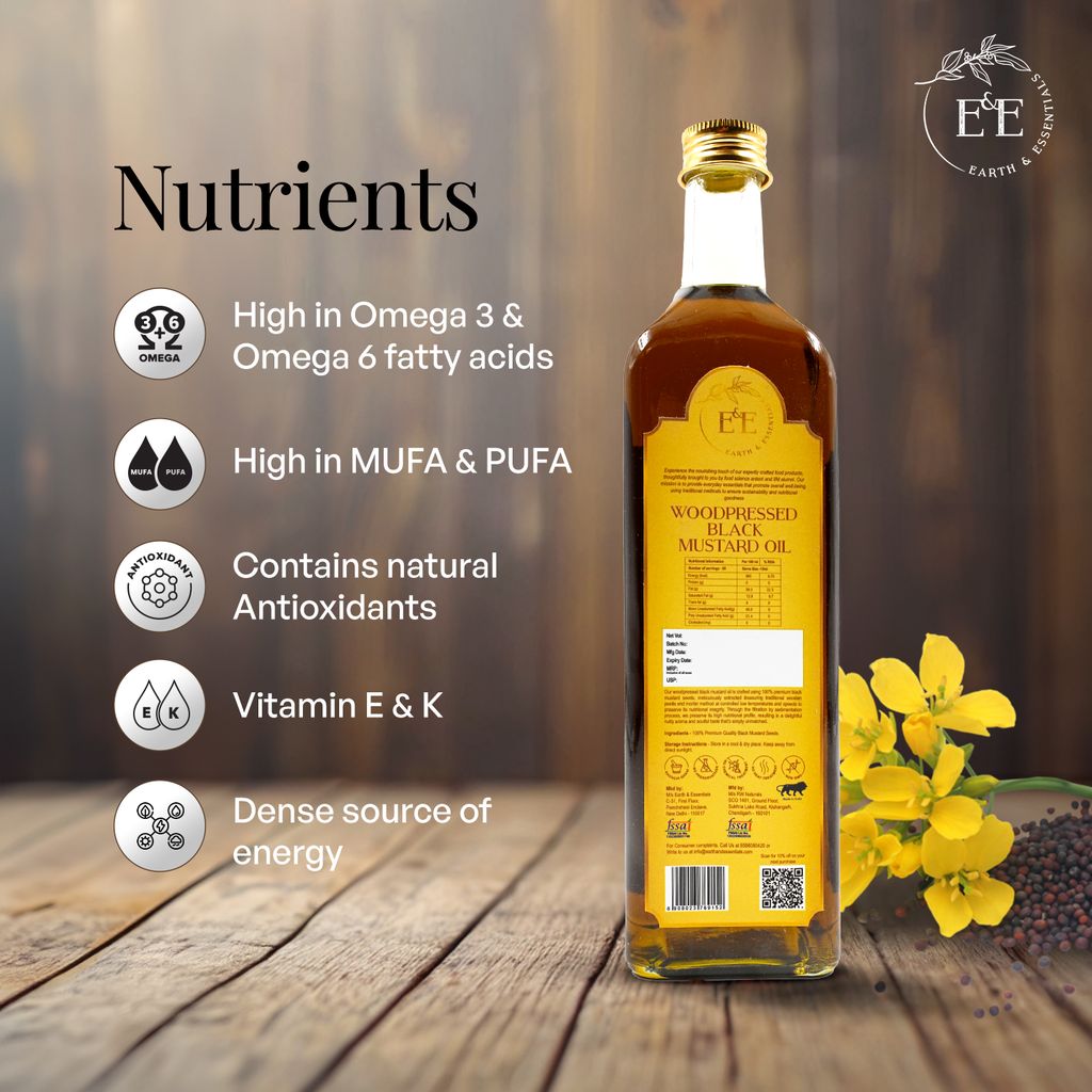 Earth and Essentials Woodpressed Black Mustard Oil (1000ml) | Kachi Ghani Sarson Tel | 100% Pure & Unrefined | High Pungency | Rich in Healthy Fats & Antioxidants | Indian Cooking | Glass Bottle