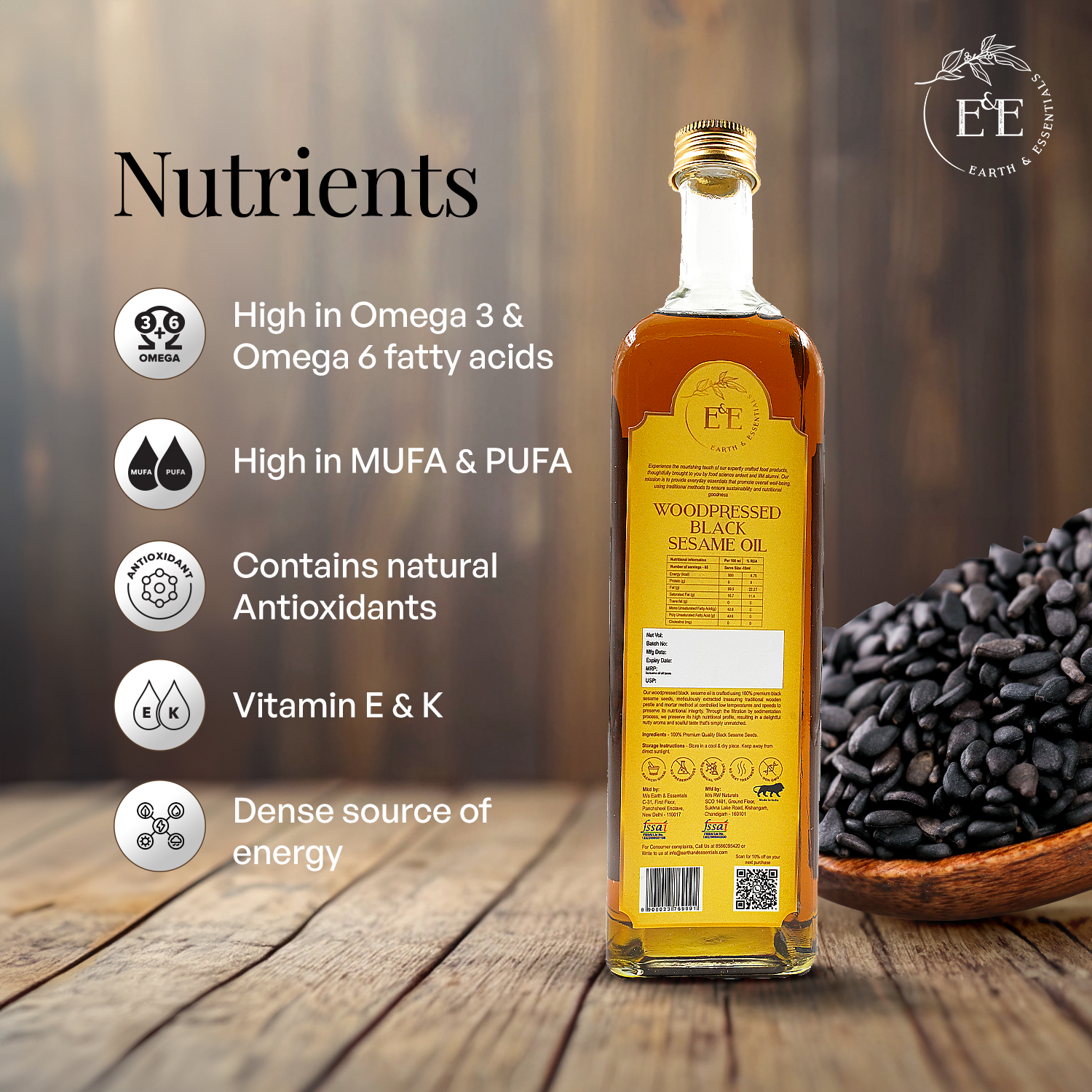 Earth and Essentials Woodpressed Black Sesame Oil (1000ml) | Kachi Ghani Kala Til Tel for Cooking | 100% Pure & Unrefined | Lab Certified | Healthy Fats & Antioxidants | Boost Immunity | Glass Bottle