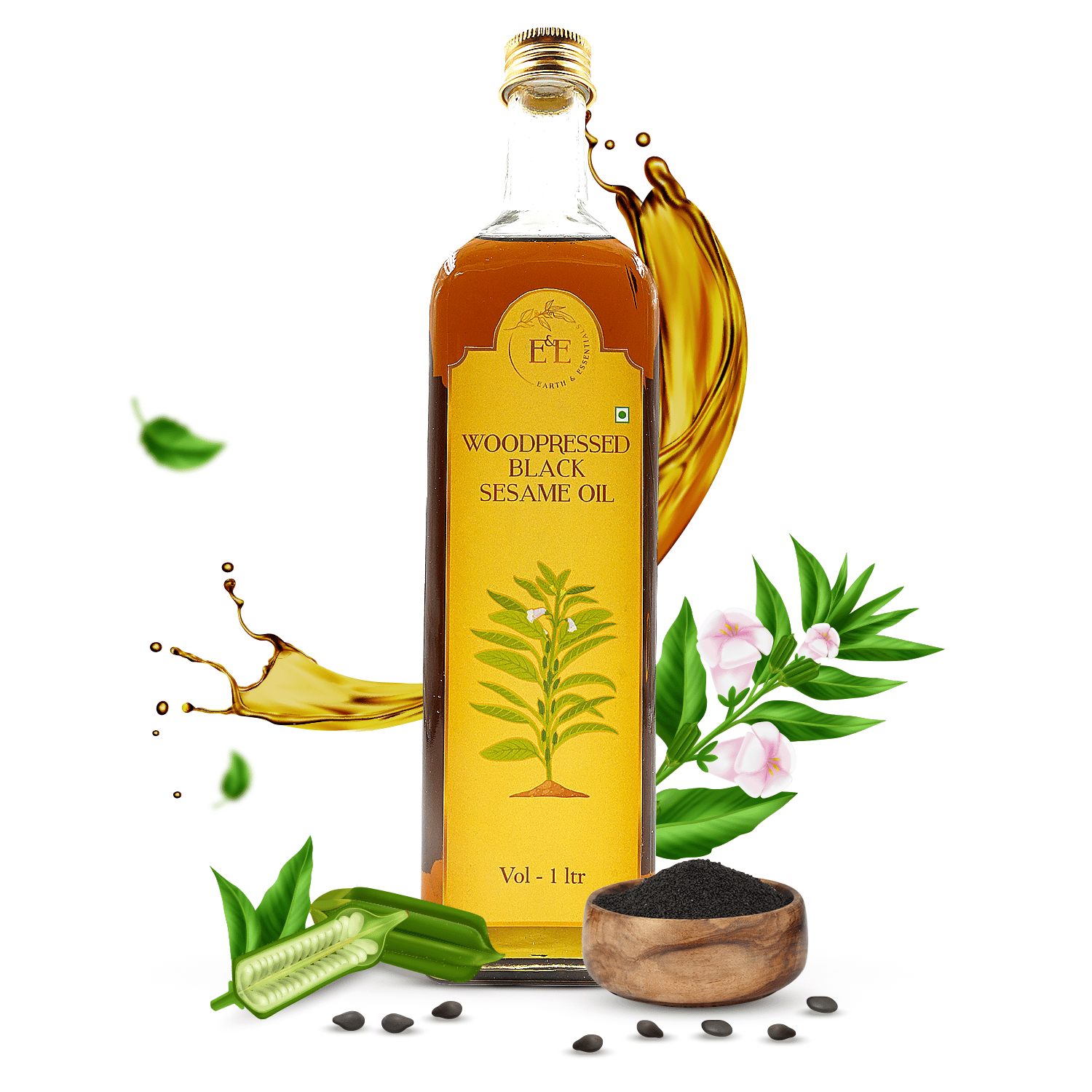 Earth and Essentials Woodpressed Black Sesame Oil (1000ml) | Kachi Ghani Kala Til Tel for Cooking | 100% Pure & Unrefined | Lab Certified | Healthy Fats & Antioxidants | Boost Immunity | Glass Bottle