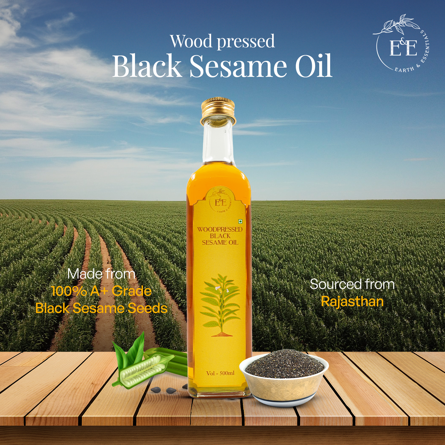 Earth and Essentials Woodpressed Black Sesame Oil (500ml) | Kachi Ghani Kala Til Tel for Cooking | 100% Pure & Unrefined | Lab Certified | Healthy Fats & Antioxidants | Boost Immunity | Glass Bottle