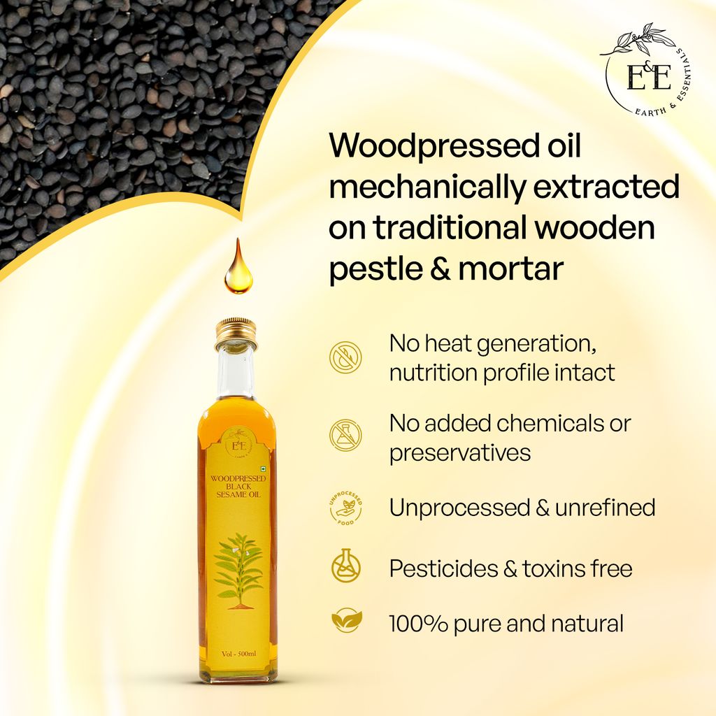 Earth and Essentials Woodpressed Black Sesame Oil (500ml) | Kachi Ghani Kala Til Tel for Cooking | 100% Pure & Unrefined | Lab Certified | Healthy Fats & Antioxidants | Boost Immunity | Glass Bottle