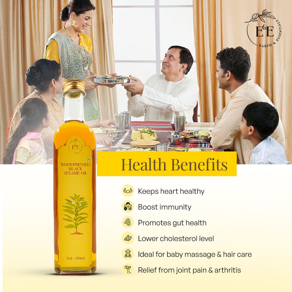 Earth and Essentials Woodpressed Black Sesame Oil (500ml) | Kachi Ghani Kala Til Tel for Cooking | 100% Pure & Unrefined | Lab Certified | Healthy Fats & Antioxidants | Boost Immunity | Glass Bottle