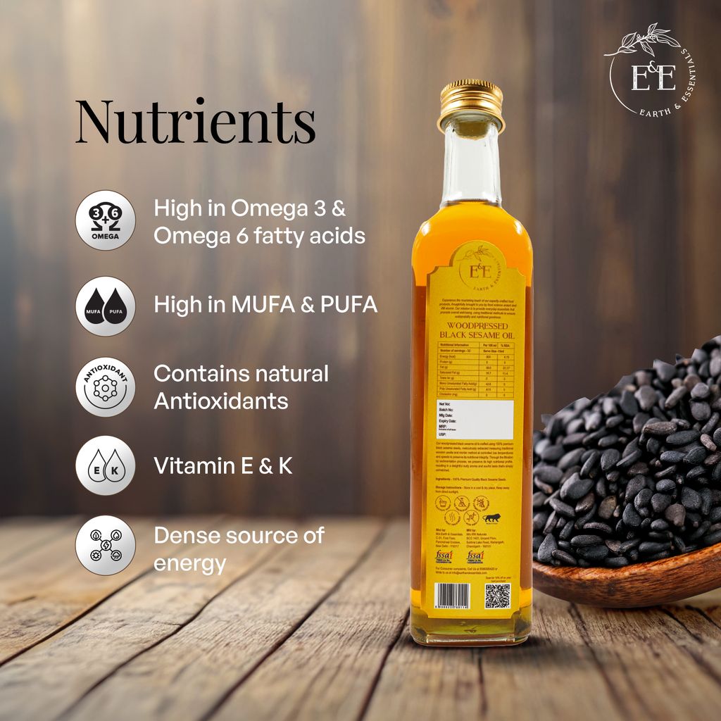 Earth and Essentials Woodpressed Black Sesame Oil (500ml) | Kachi Ghani Kala Til Tel for Cooking | 100% Pure & Unrefined | Lab Certified | Healthy Fats & Antioxidants | Boost Immunity | Glass Bottle
