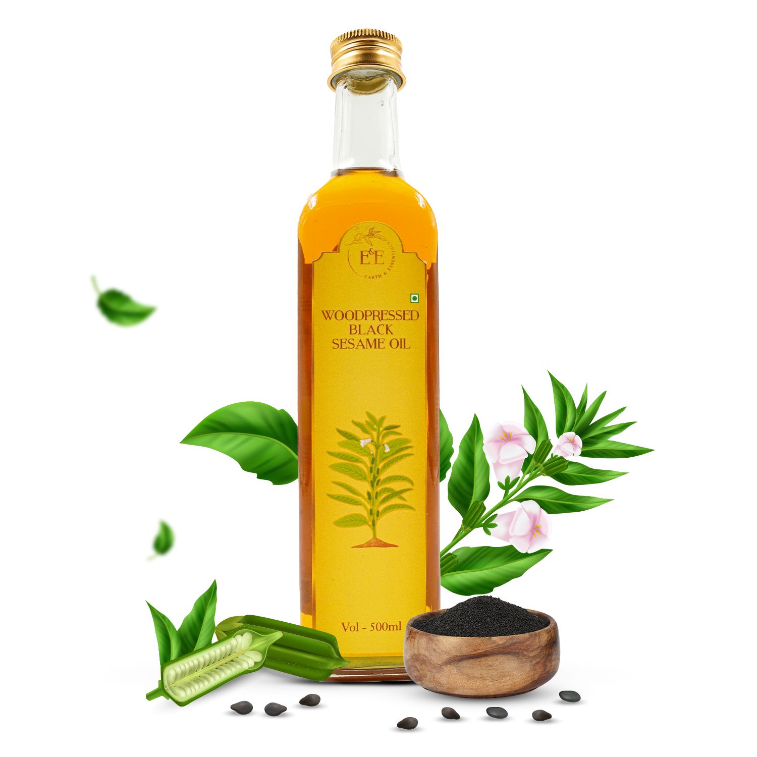 Earth and Essentials Woodpressed Black Sesame Oil (500ml) | Kachi Ghani Kala Til Tel for Cooking | 100% Pure & Unrefined | Lab Certified | Healthy Fats & Antioxidants | Boost Immunity | Glass Bottle