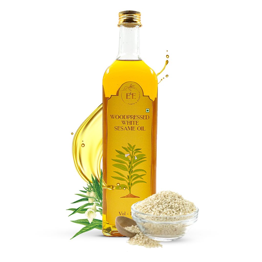 Earth and Essentials Woodpressed White Sesame Oil (1000ml) | Kachi Ghani Safed Til Tel for Cooking | 100% Pure & Unrefined | Lab Certified | Healthy Fats & Antioxidants | Boost Immunity | Glass Bottle