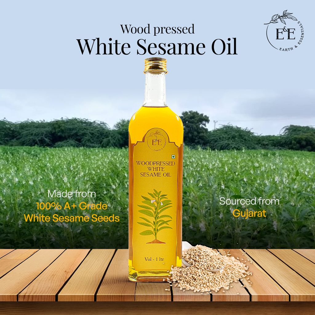 Earth and Essentials Woodpressed White Sesame Oil (1000ml) | Kachi Ghani Safed Til Tel for Cooking | 100% Pure & Unrefined | Lab Certified | Healthy Fats & Antioxidants | Boost Immunity | Glass Bottle