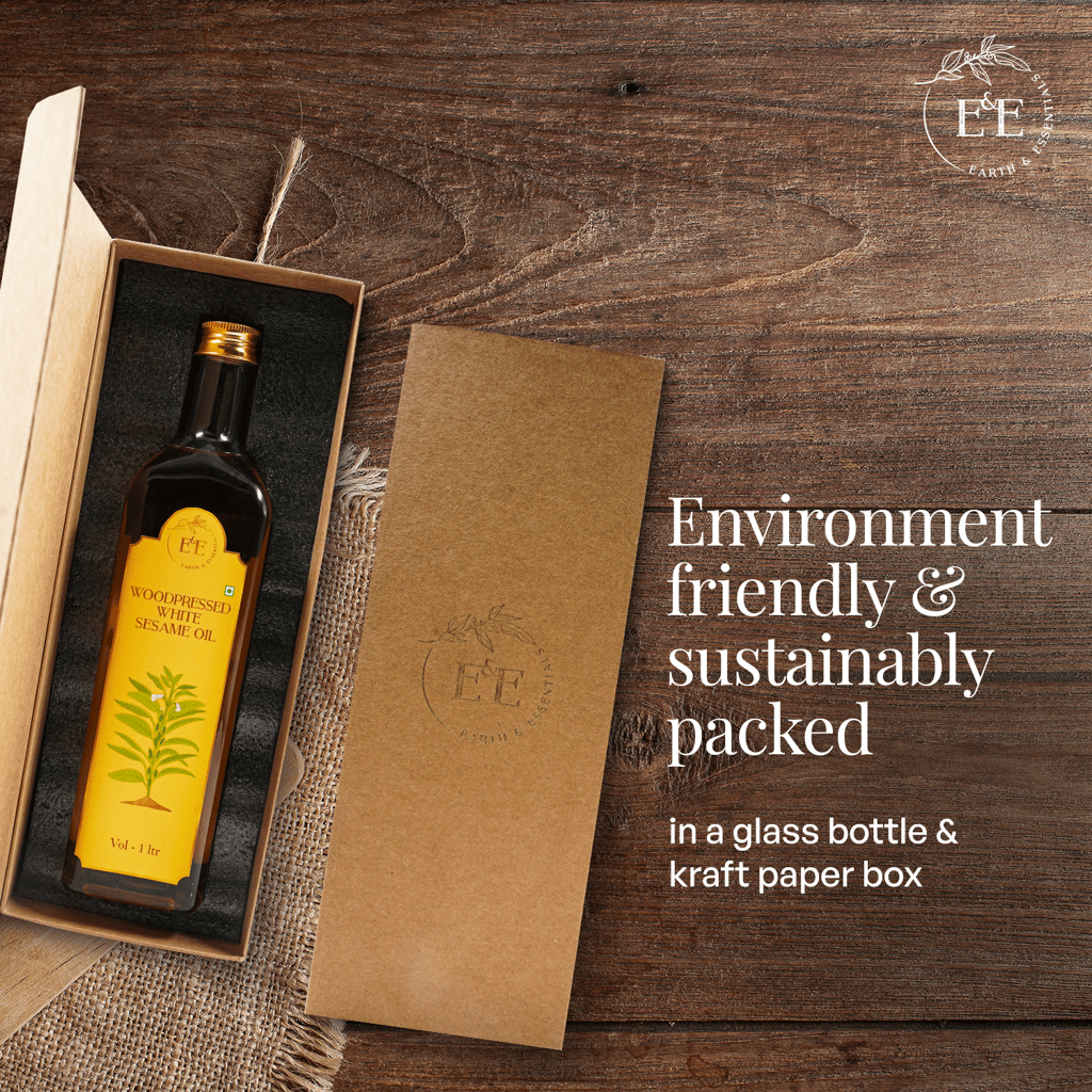 Earth and Essentials Woodpressed White Sesame Oil (1000ml) | Kachi Ghani Safed Til Tel for Cooking | 100% Pure & Unrefined | Lab Certified | Healthy Fats & Antioxidants | Boost Immunity | Glass Bottle