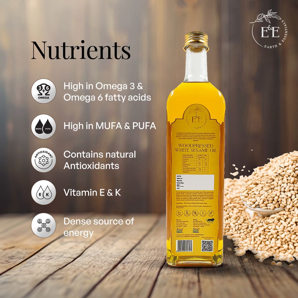 Earth and Essentials Woodpressed White Sesame Oil (1000ml) | Kachi Ghani Safed Til Tel for Cooking | 100% Pure & Unrefined | Lab Certified | Healthy Fats & Antioxidants | Boost Immunity | Glass Bottle