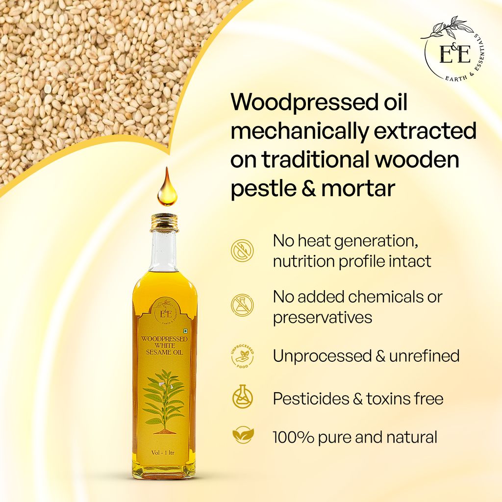 Earth and Essentials Woodpressed White Sesame Oil (1000ml) | Kachi Ghani Safed Til Tel for Cooking | 100% Pure & Unrefined | Lab Certified | Healthy Fats & Antioxidants | Boost Immunity | Glass Bottle