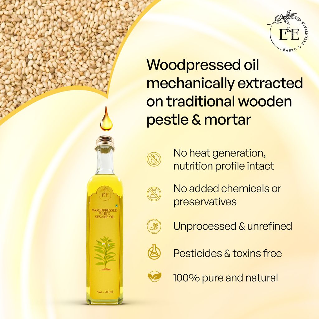 Earth and Essentials Woodpressed White Sesame Oil (500ml) | Kachi Ghani Safed Til Tel for Cooking | 100% Pure & Unrefined | Lab Certified | Healthy Fats & Antioxidants | Boost Immunity | Glass Bottle