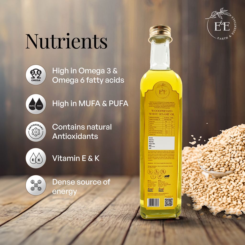 Earth and Essentials Woodpressed White Sesame Oil (500ml) | Kachi Ghani Safed Til Tel for Cooking | 100% Pure & Unrefined | Lab Certified | Healthy Fats & Antioxidants | Boost Immunity | Glass Bottle