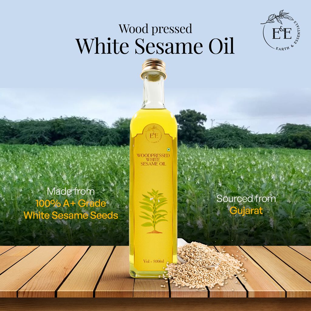 Earth and Essentials Woodpressed White Sesame Oil (500ml) | Kachi Ghani Safed Til Tel for Cooking | 100% Pure & Unrefined | Lab Certified | Healthy Fats & Antioxidants | Boost Immunity | Glass Bottle