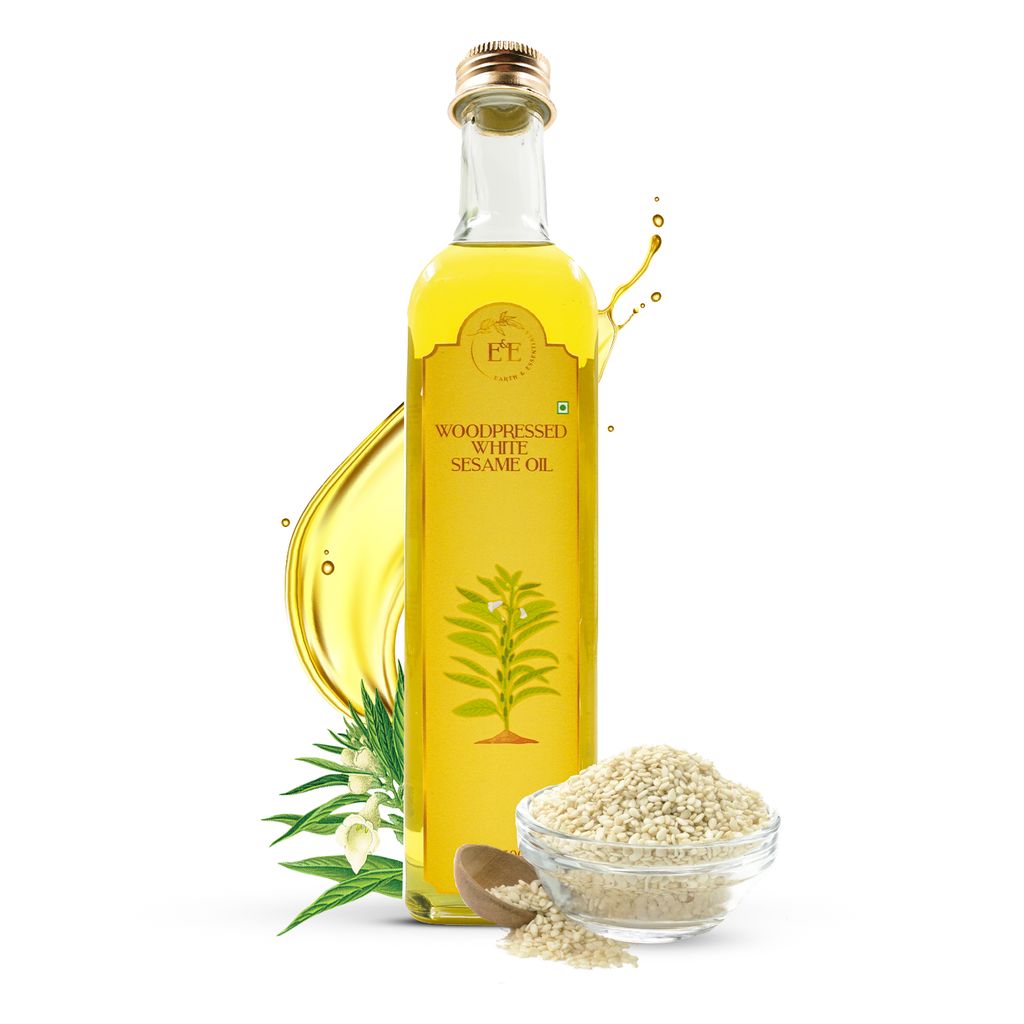 Earth and Essentials Woodpressed White Sesame Oil (500ml) | Kachi Ghani Safed Til Tel for Cooking | 100% Pure & Unrefined | Lab Certified | Healthy Fats & Antioxidants | Boost Immunity | Glass Bottle