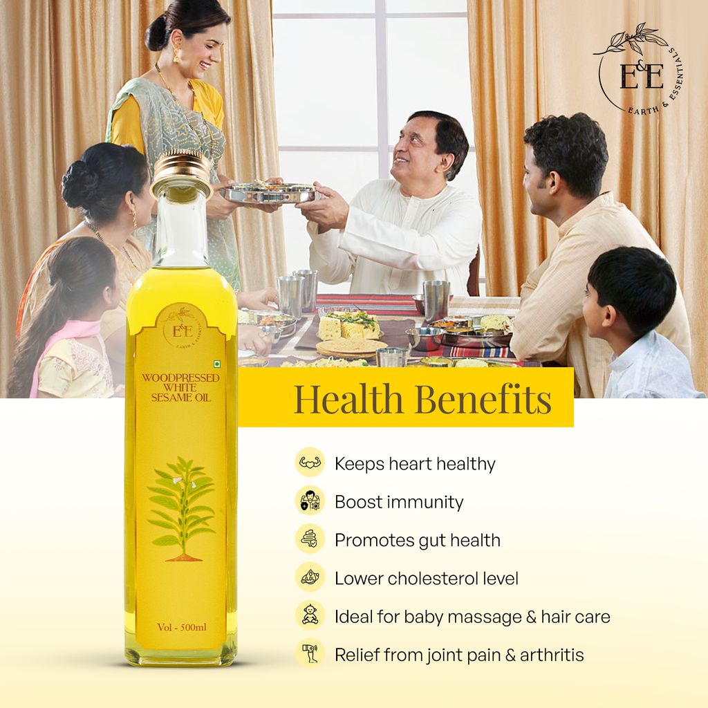 Earth and Essentials Woodpressed White Sesame Oil (500ml) | Kachi Ghani Safed Til Tel for Cooking | 100% Pure & Unrefined | Lab Certified | Healthy Fats & Antioxidants | Boost Immunity | Glass Bottle