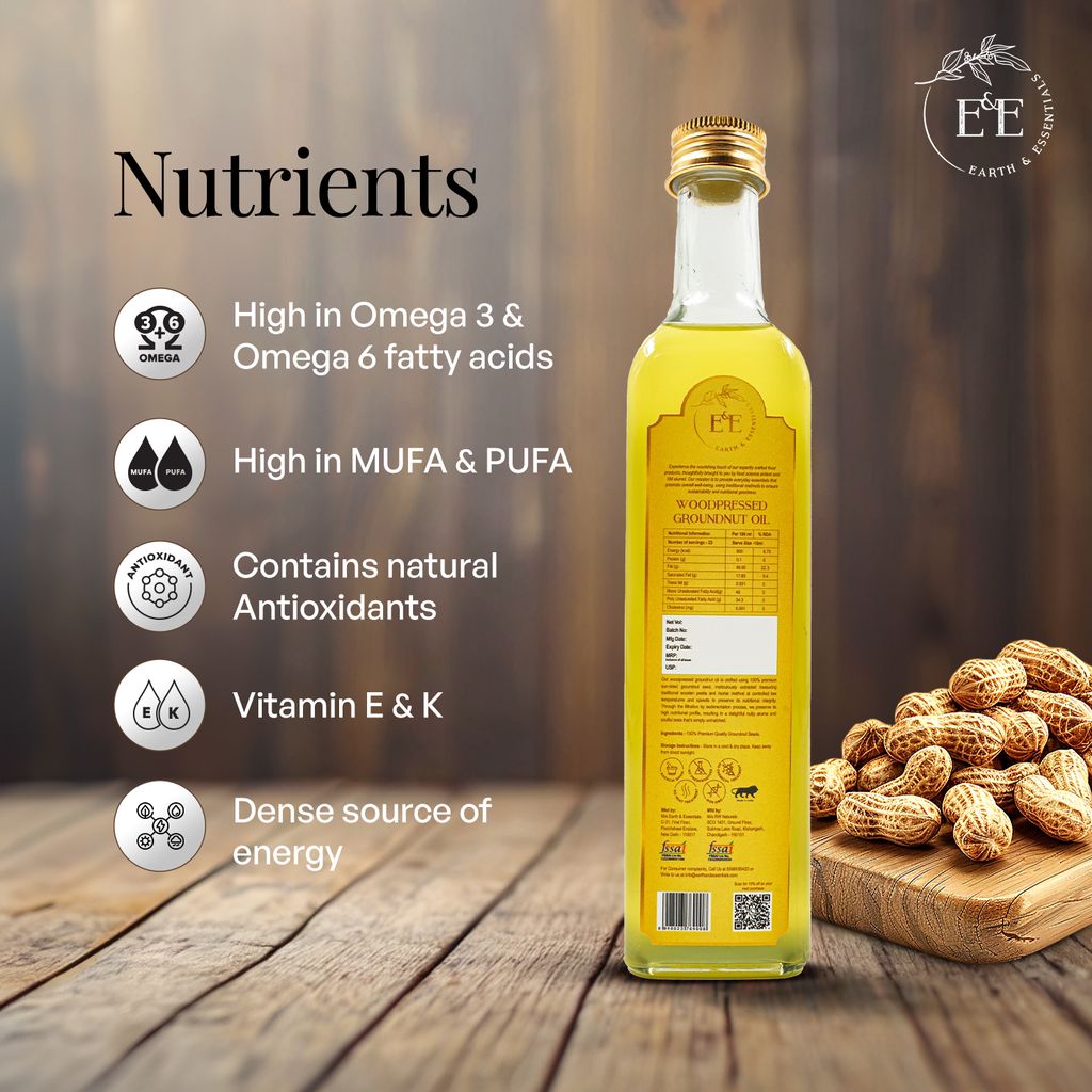 Earth and Essentials Woodpressed Groundnut Oil (500ml) | Kachi Lakdi Ghani Mungfali Tel | 100% Pure & Unrefined | Rich in Healthy Fats & Antioxidants | Boost Immunity | Indian Cooking | Glass Bottle