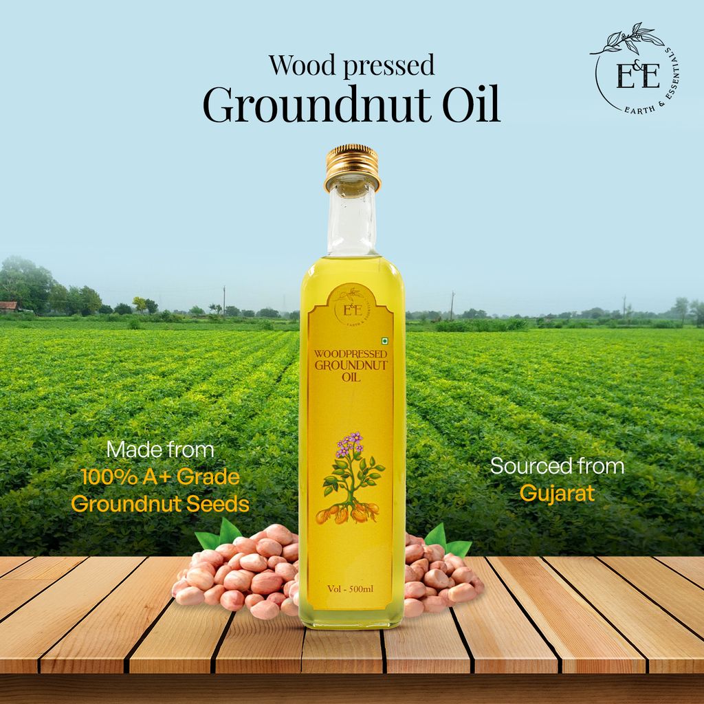 Earth and Essentials Woodpressed Groundnut Oil (500ml) | Kachi Lakdi Ghani Mungfali Tel | 100% Pure & Unrefined | Rich in Healthy Fats & Antioxidants | Boost Immunity | Indian Cooking | Glass Bottle