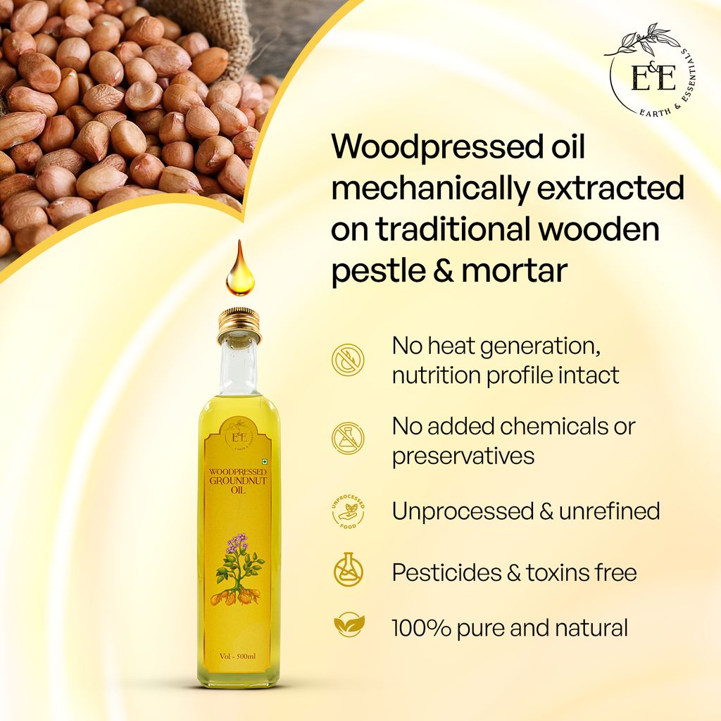 Earth and Essentials Woodpressed Groundnut Oil (500ml) | Kachi Lakdi Ghani Mungfali Tel | 100% Pure & Unrefined | Rich in Healthy Fats & Antioxidants | Boost Immunity | Indian Cooking | Glass Bottle