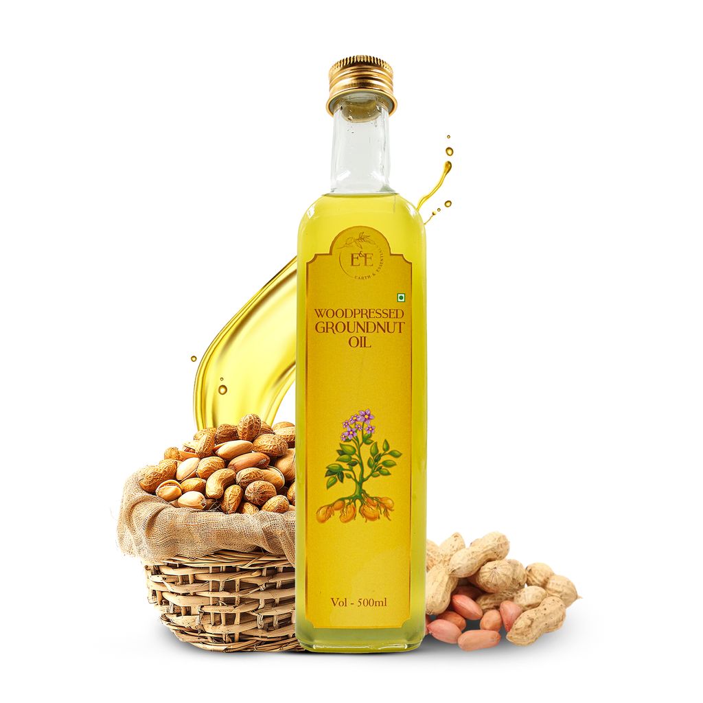 Earth and Essentials Woodpressed Groundnut Oil (500ml) | Kachi Lakdi Ghani Mungfali Tel | 100% Pure & Unrefined | Rich in Healthy Fats & Antioxidants | Boost Immunity | Indian Cooking | Glass Bottle