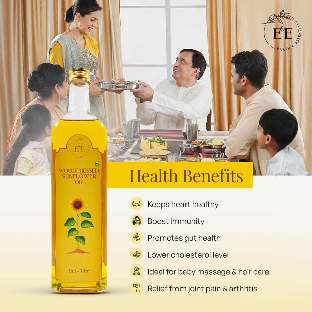 Earth and Essentials Woodpressed Sunflower Oil (500ml) | Kachi Ghani Surajmukhi Tel for Cooking | 100% Pure & Unrefined | Lab Certified | Healthy Fats & Antioxidants | Boost Immunity | Glass Bottle