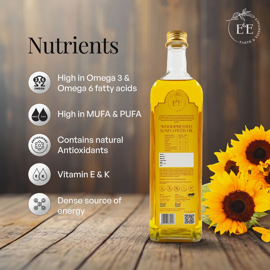 Earth and Essentials Woodpressed Sunflower Oil (500ml) | Kachi Ghani Surajmukhi Tel for Cooking | 100% Pure & Unrefined | Lab Certified | Healthy Fats & Antioxidants | Boost Immunity | Glass Bottle
