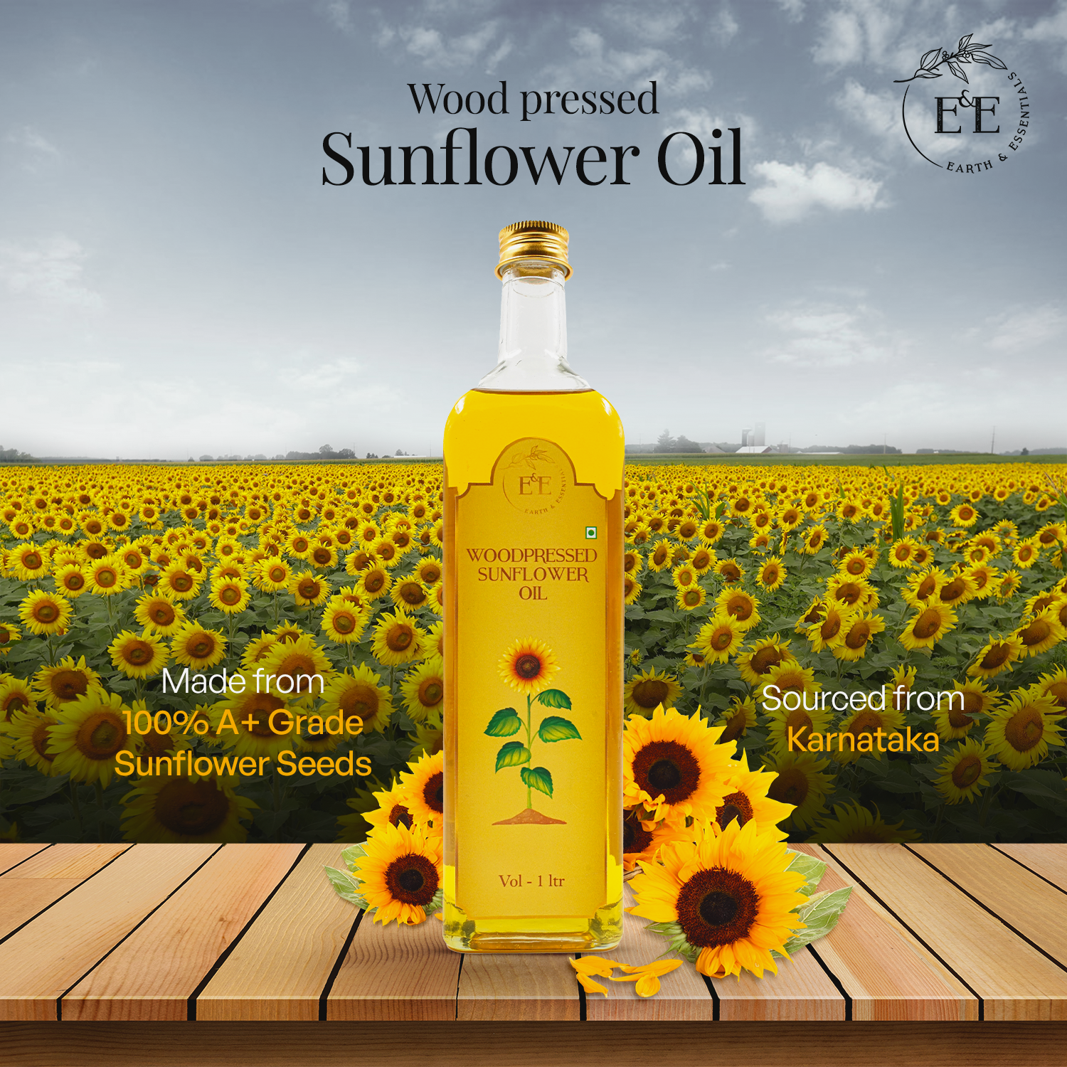 Earth and Essentials Woodpressed Sunflower Oil (500ml) | Kachi Ghani Surajmukhi Tel for Cooking | 100% Pure & Unrefined | Lab Certified | Healthy Fats & Antioxidants | Boost Immunity | Glass Bottle