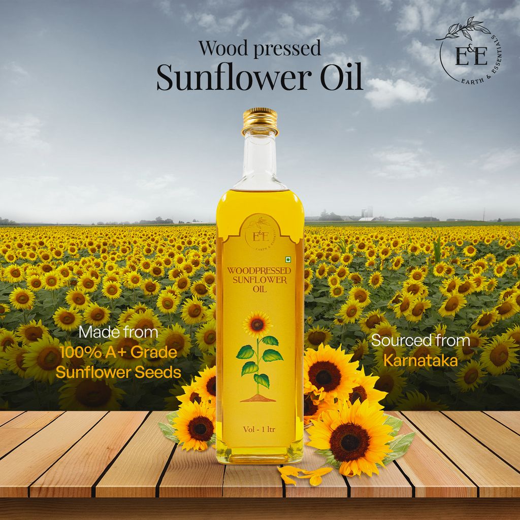 Earth and Essentials Woodpressed Sunflower Oil (1000ml) | Kachi Ghani Surajmukhi Tel for Cooking | 100% Pure & Unrefined | Lab Certified | Healthy Fats & Antioxidants | Boost Immunity | Glass Bottle