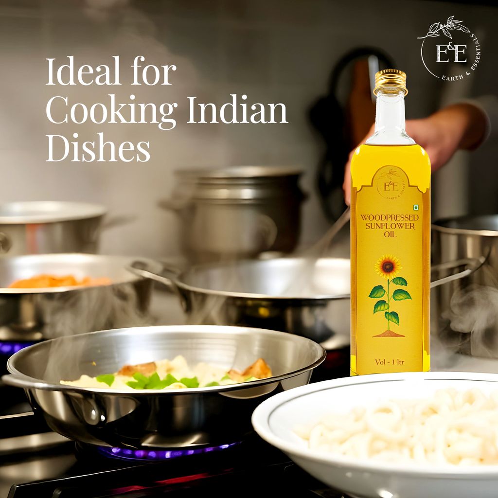 Earth and Essentials Woodpressed Sunflower Oil (1000ml) | Kachi Ghani Surajmukhi Tel for Cooking | 100% Pure & Unrefined | Lab Certified | Healthy Fats & Antioxidants | Boost Immunity | Glass Bottle