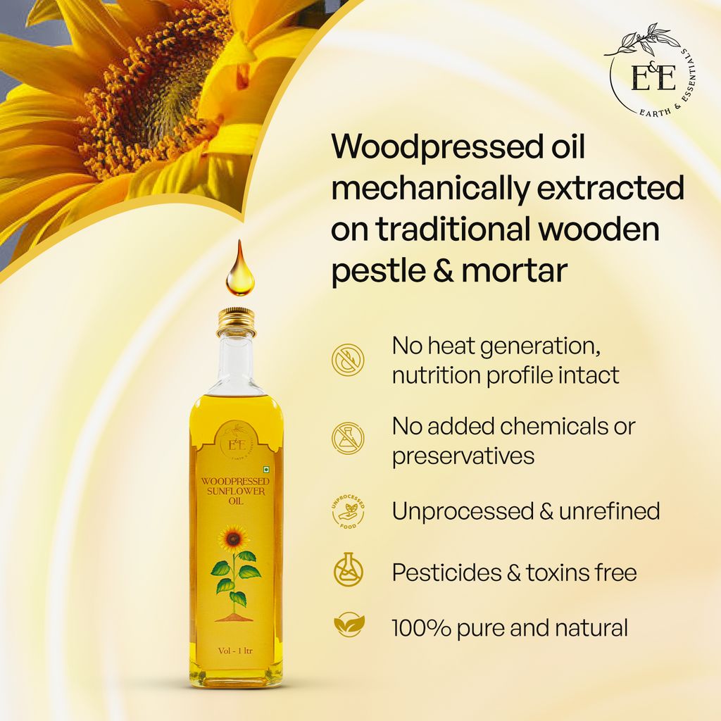 Earth and Essentials Woodpressed Sunflower Oil (1000ml) | Kachi Ghani Surajmukhi Tel for Cooking | 100% Pure & Unrefined | Lab Certified | Healthy Fats & Antioxidants | Boost Immunity | Glass Bottle