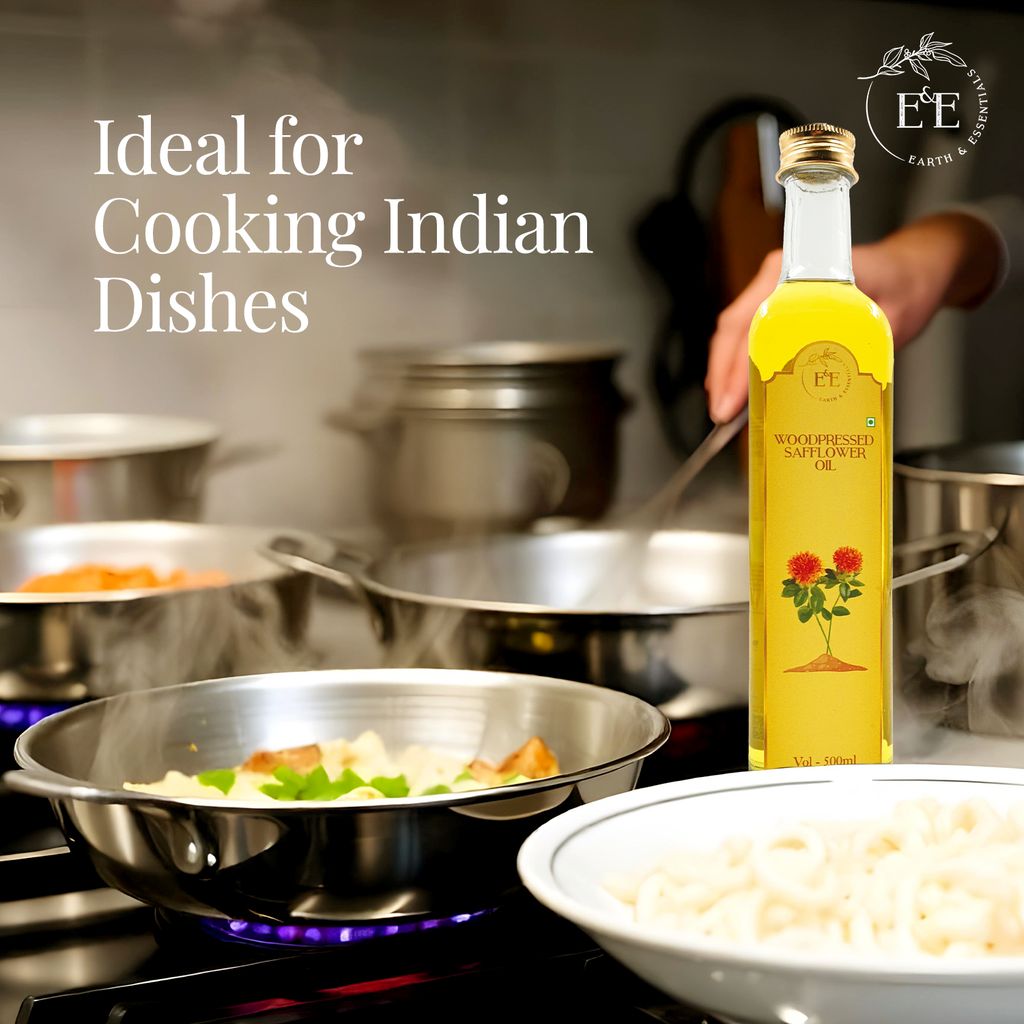 Earth and Essentials Woodpressed Safflower Oil (500 ml) I Wood Churned, Kolhu, Kachi Ghani Kusum Tel I A+ Grade Safflower Seeds I Nutrition Content High I Healthy oil for everyday cooking