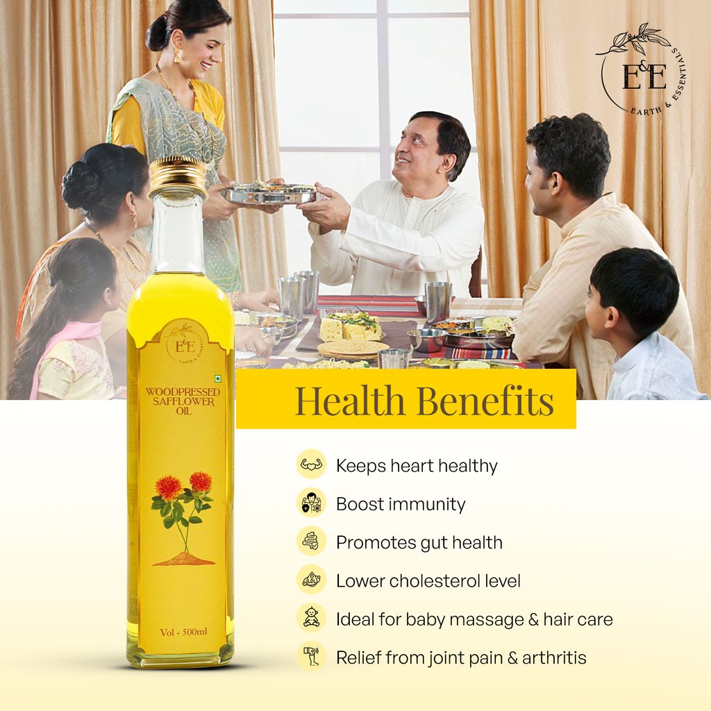 Earth and Essentials Woodpressed Safflower Oil (500 ml) I Wood Churned, Kolhu, Kachi Ghani Kusum Tel I A+ Grade Safflower Seeds I Nutrition Content High I Healthy oil for everyday cooking