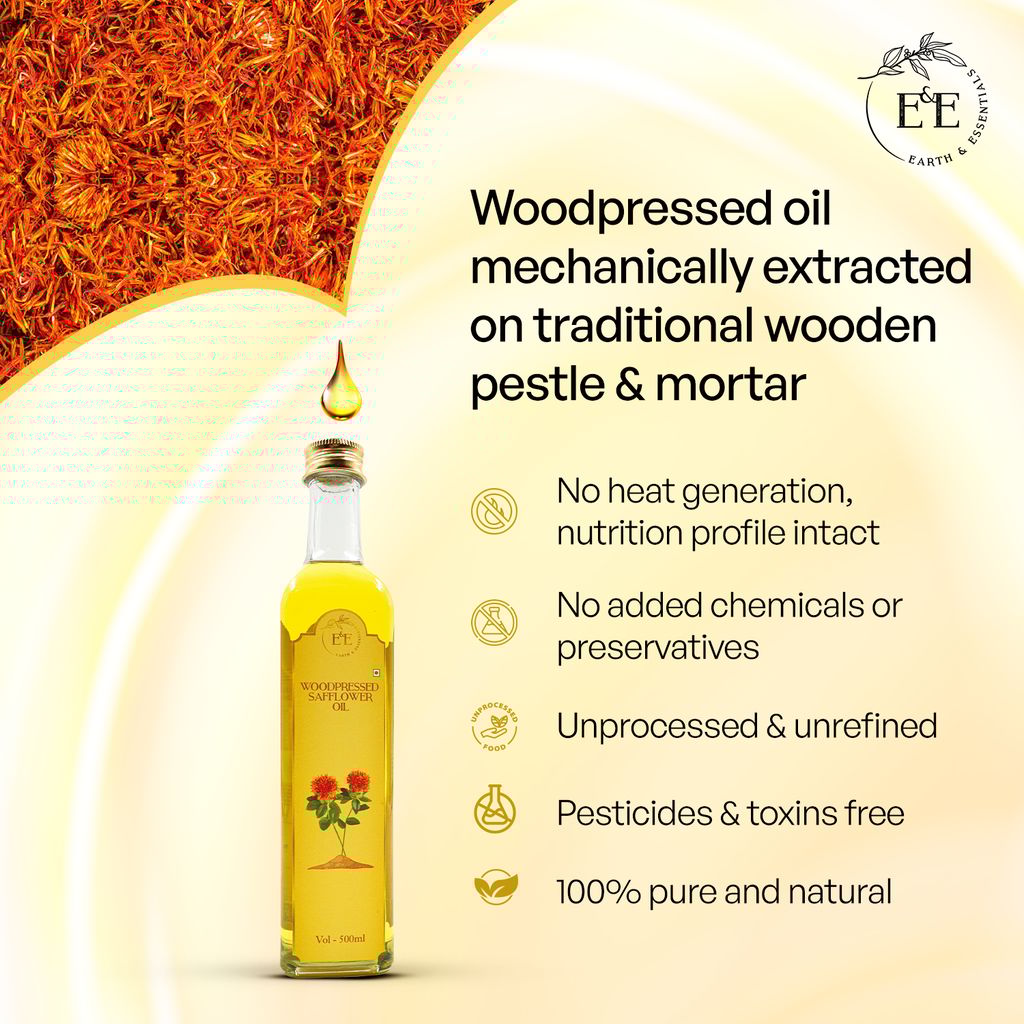 Earth and Essentials Woodpressed Safflower Oil (500 ml) I Wood Churned, Kolhu, Kachi Ghani Kusum Tel I A+ Grade Safflower Seeds I Nutrition Content High I Healthy oil for everyday cooking