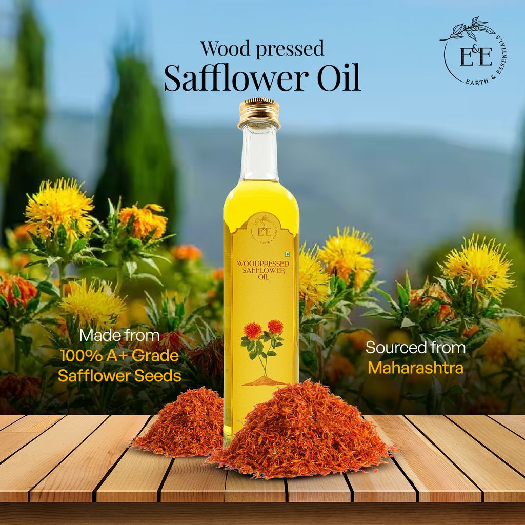 Earth and Essentials Woodpressed Safflower Oil (500 ml) I Wood Churned, Kolhu, Kachi Ghani Kusum Tel I A+ Grade Safflower Seeds I Nutrition Content High I Healthy oil for everyday cooking
