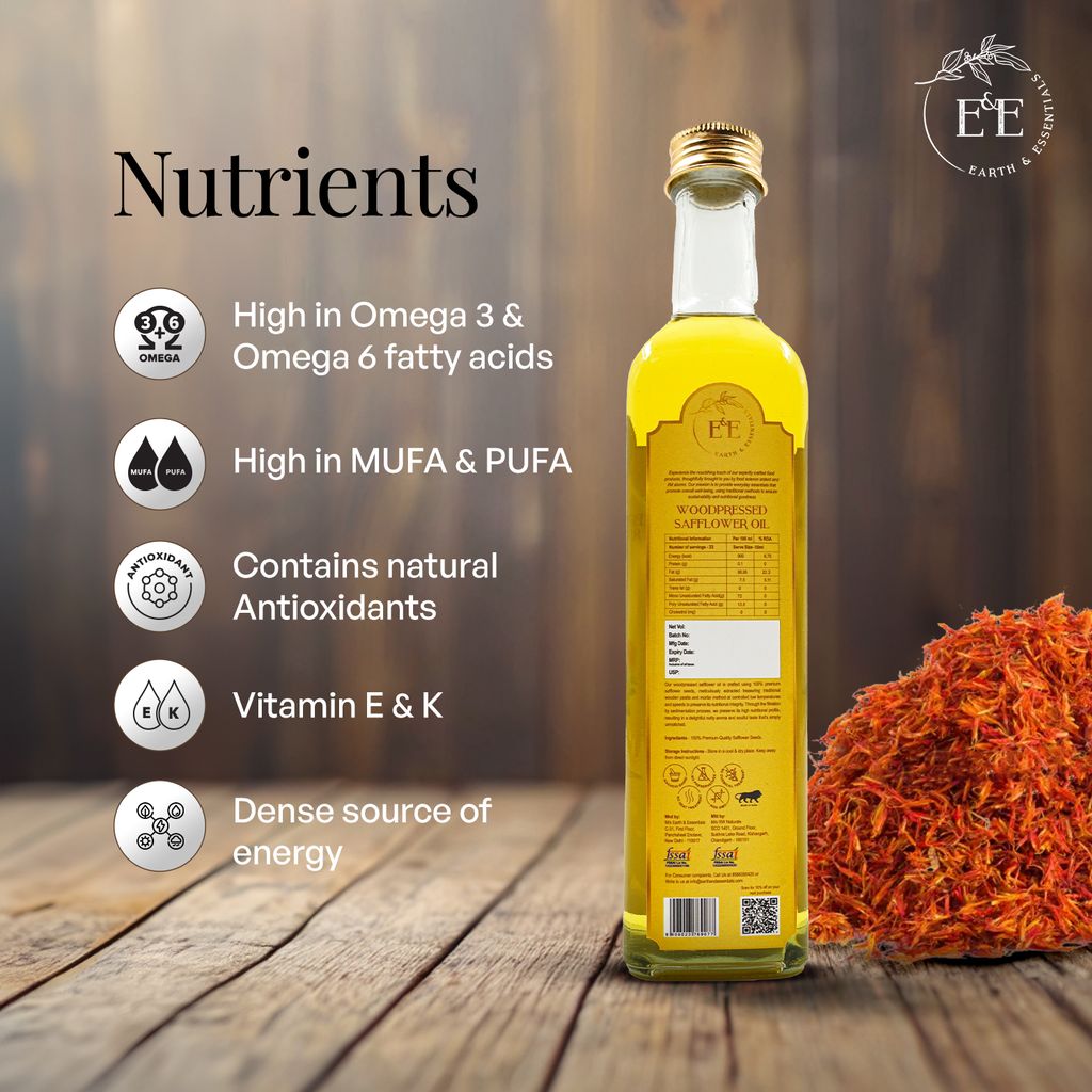 Earth and Essentials Woodpressed Safflower Oil (500 ml) I Wood Churned, Kolhu, Kachi Ghani Kusum Tel I A+ Grade Safflower Seeds I Nutrition Content High I Healthy oil for everyday cooking